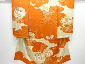 アンティーク　錦紗花薬玉模様刺繍五つ紋着物